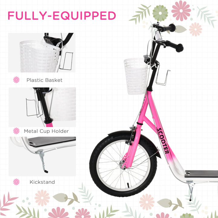 Kids Scooter, Kick Stunt Scooter with Adjustable Handlebar, Dual Brakes, Basket, Cupholder, Mudguard, 16" Inflatable Rubber Wheels, for 5-12 years, Pink