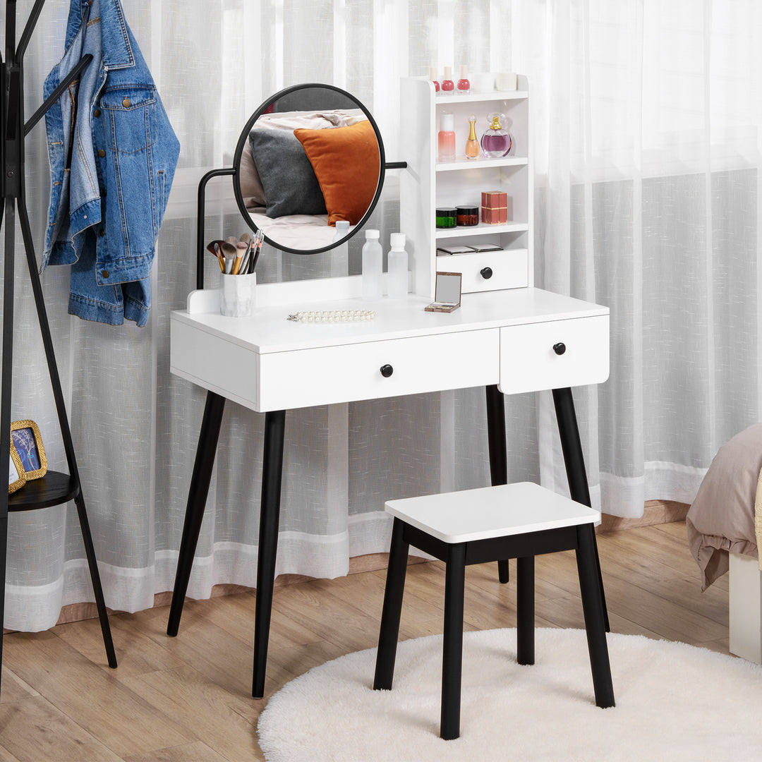 HOMCOM Vanity Dressing Table Set with Mirror and Stool, Makeup Table with 3 Drawers and Open Shelves, White | Aosom UK