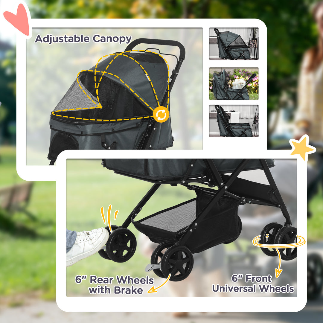 MCL Pet Stroller Pushchair Foldable Travel Dog Cat Carriage w/ Reversible Handle Brake Basket
