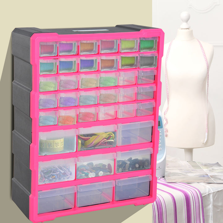 DURHAND Organiser Cabinet: 39 Drawer Plastic Storage Unit for Small Parts, Rose Red | Aosom UK