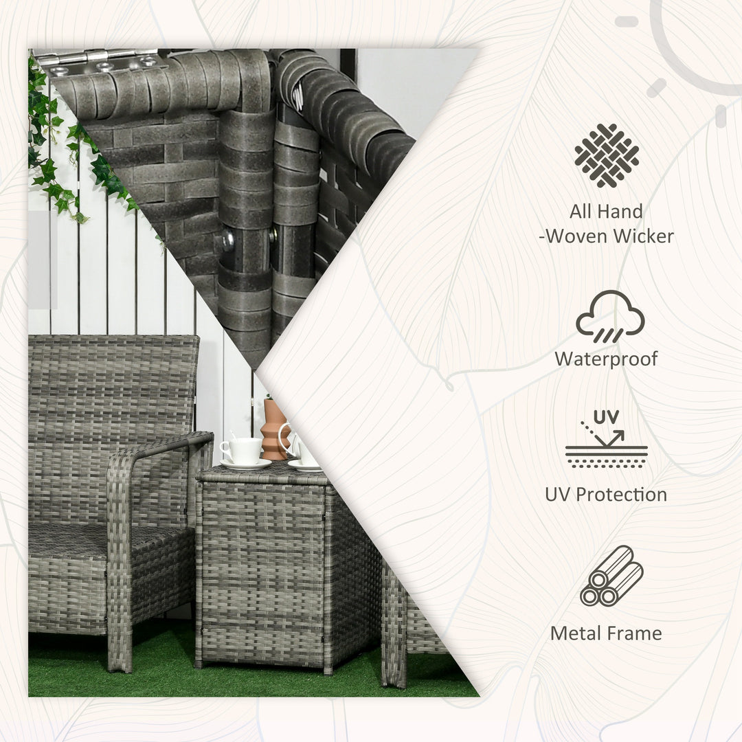 Outsunny 3 pcs PE Rattan Wicker Garden Furniture Patio Bistro Set Weave Conservatory Sofa Storage Table and Chairs Set Orange Cushion, Mixed Grey