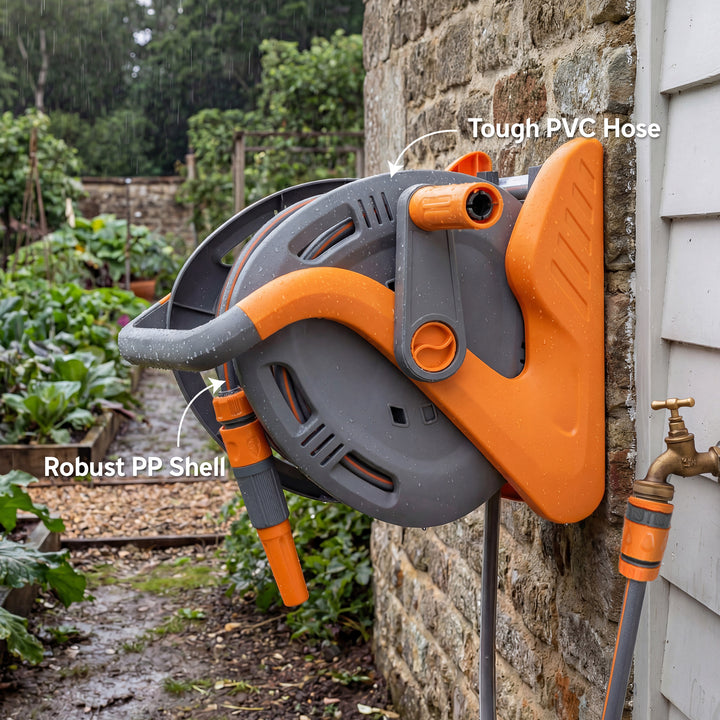 Portable Garden Hose Reel, 20+2 m Wall Mounted Hose Reel with 2 Patter