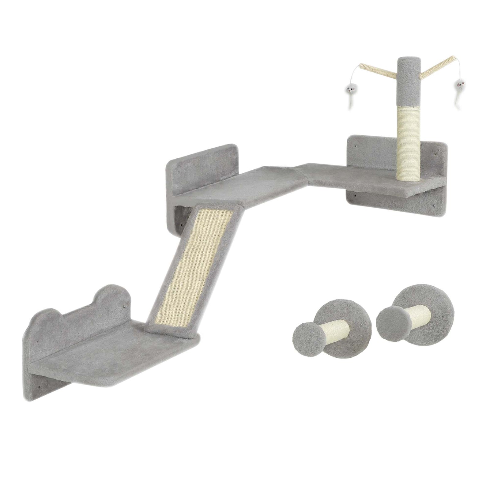 3-Piece Cat Wall Furniture with Scratching Posts, Scratching Pads, Perches, Cat Wands, Toy Balls, Light Grey