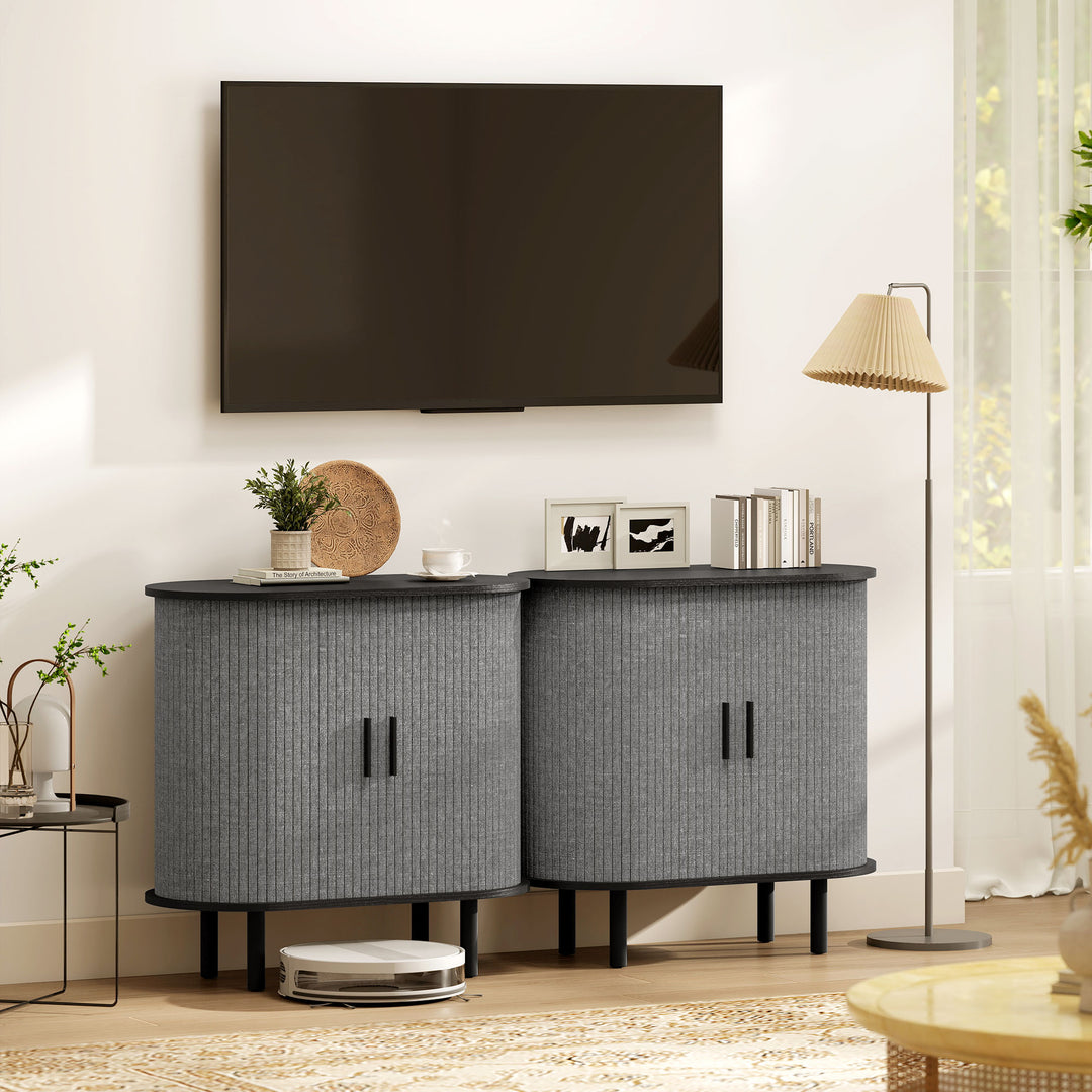 MCL Tambour Sideboard with Fluted Sliding Doors, Modern Kitchen Cupboard with Storage Shelves and Wooden Legs, Grey