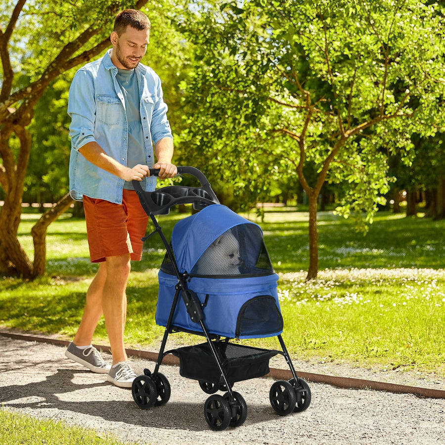 Dog Pram Dog Stroller Foldable Pet Pushchair with 4 Wheels, Safety Leashes, Cup Holder for Small Dogs, Blue