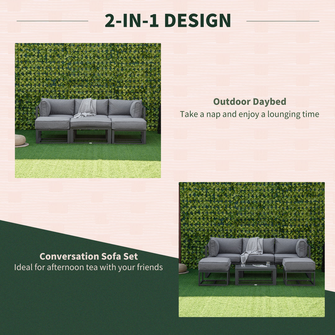 MCL Garden Daybed, 6 Piece Outdoor Sectional Sofa Set, Aluminum Patio Conversation Furniture Set with Coffee Table, Footstool and Cushions, Grey