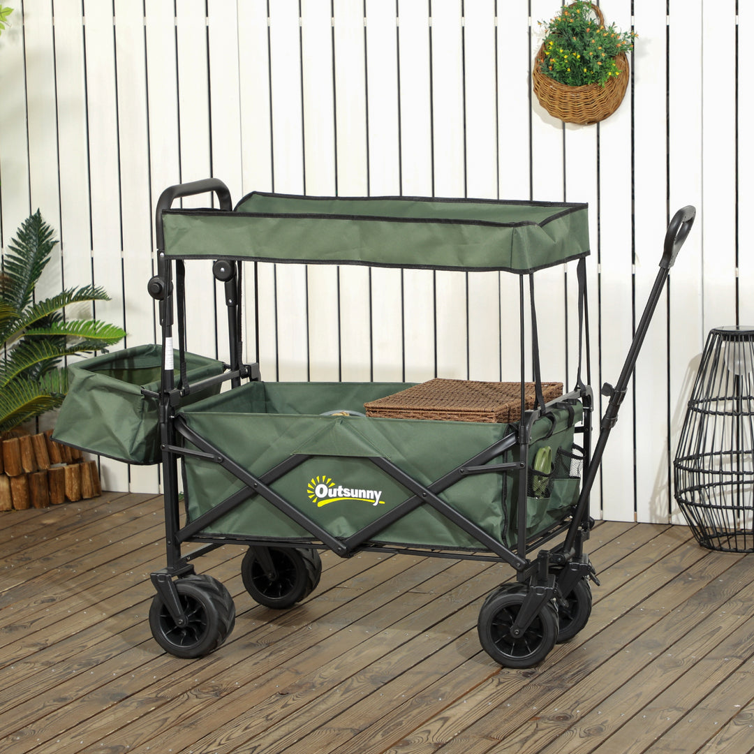 Outsunny Folding Trolley Cart Storage Wagon Beach Trailer 4 Wheels with Handle Overhead Canopy Cart Push Pull for Camping, Green | Aosom UK