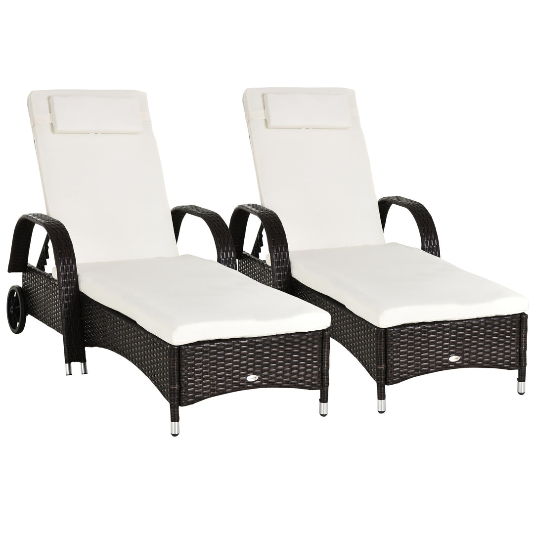 2PC Rattan Sun Lounger Recliner Bed Reclining Chair Patio Garden Outdoor Wicker Weave Adjustable Headrest with Fire Retardant Cushion – Brown