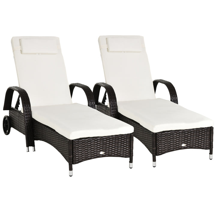 2PC Rattan Sun Lounger Recliner Bed Reclining Chair Patio Garden Outdoor Wicker Weave Adjustable Headrest with Fire Retardant Cushion – Brown