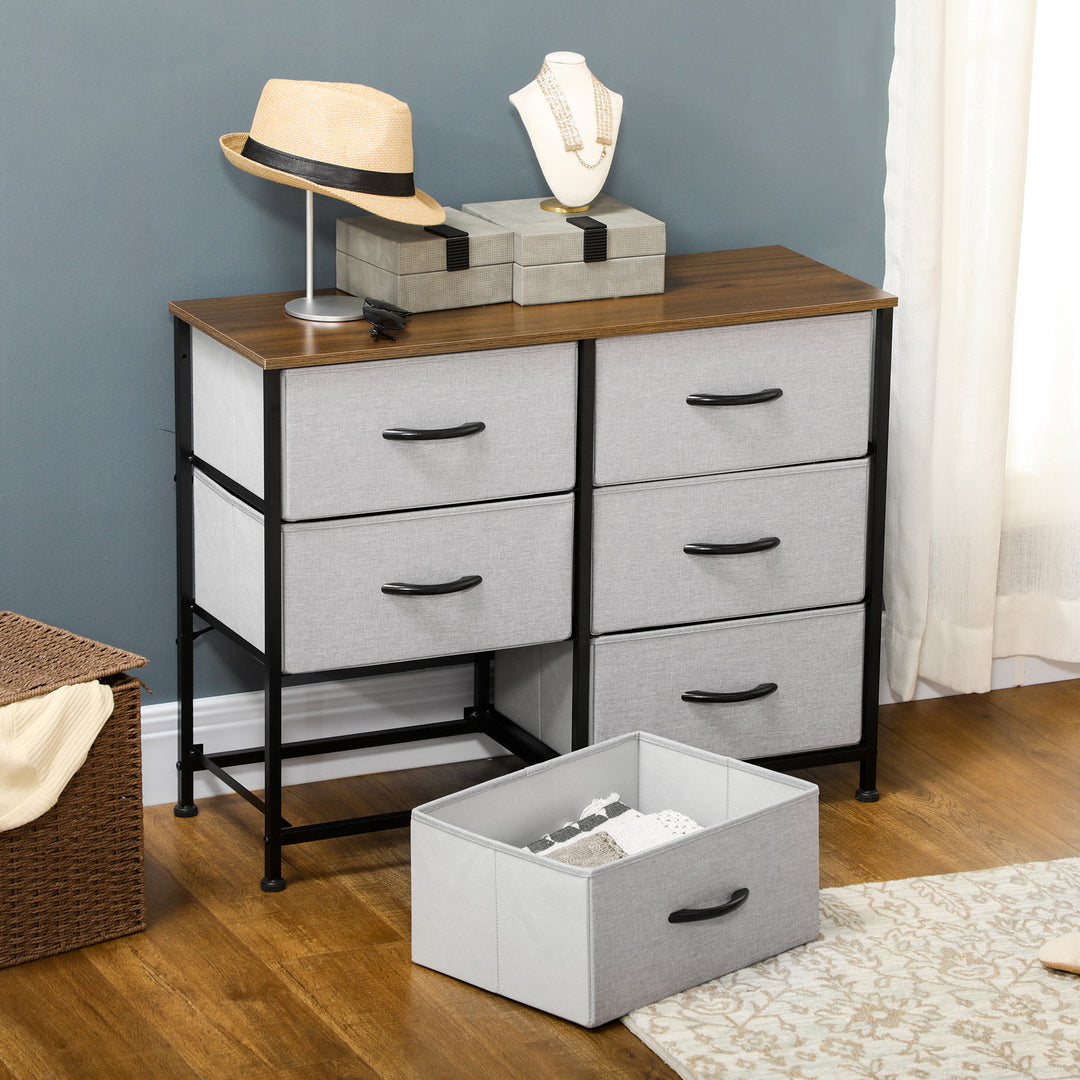 HOMCOM Bedroom Chest of Drawers, Industrial Dresser with 6 Fabric Bins, Steel Frame & Wooden Top, Grey | Aosom UK