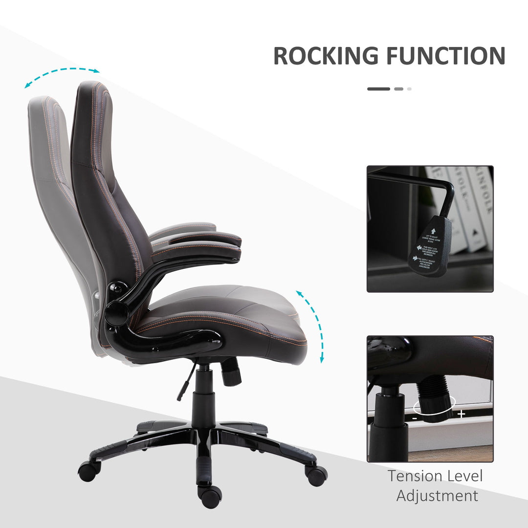 Computer Gaming Chair, PU Leather Office Chair, Swivel Desk Chair with Adjustable Arms and Height, Padded Armrest and Seat, Rolling Wheels, Coffee