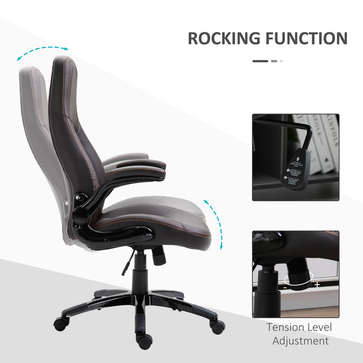 Computer Gaming Chair, PU Leather Office Chair, Swivel Desk Chair with Adjustable Arms and Height, Padded Armrest and Seat, Rolling Wheels, Coffee