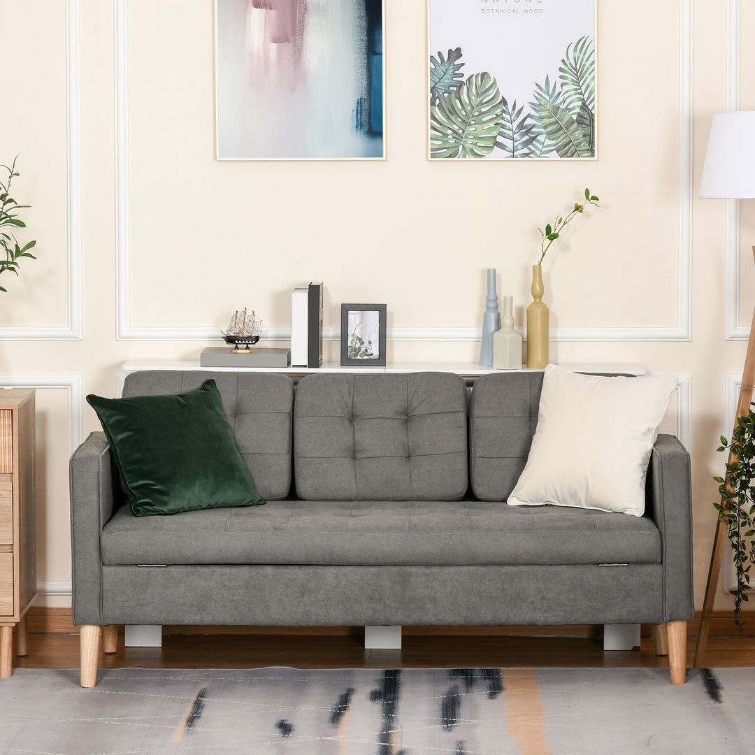 Modern 3 Seater Sofa with Hidden Storage, 169cm Tufted Cotton Couch with Wood Legs, Compact Sofa for Living Room, Grey