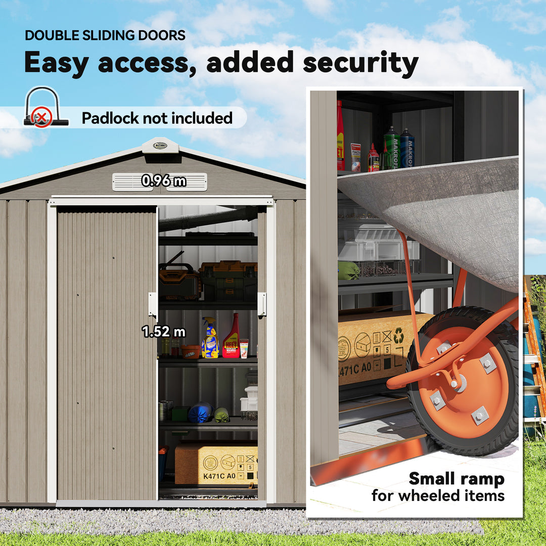 7 x 4ft Metal Garden Storage Shed with Vents, Floor Foundation Kit and Lockable Double Doors, Light Brown