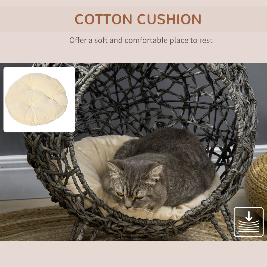 PawHut Rattan Elevated Cat Bed: Cosy Ball-Shaped Kitten Abode with Removable Cushion, Silver-Tone and Grey | Aosom UK