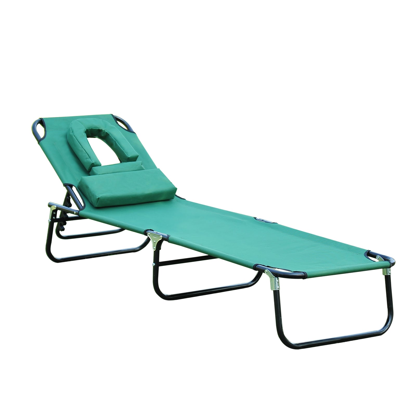 Foldable Outdoor Sun Lounger Adjustable Backrest Reclining Chair with Pillow and Reading Hole Garden Beach, Dark Green