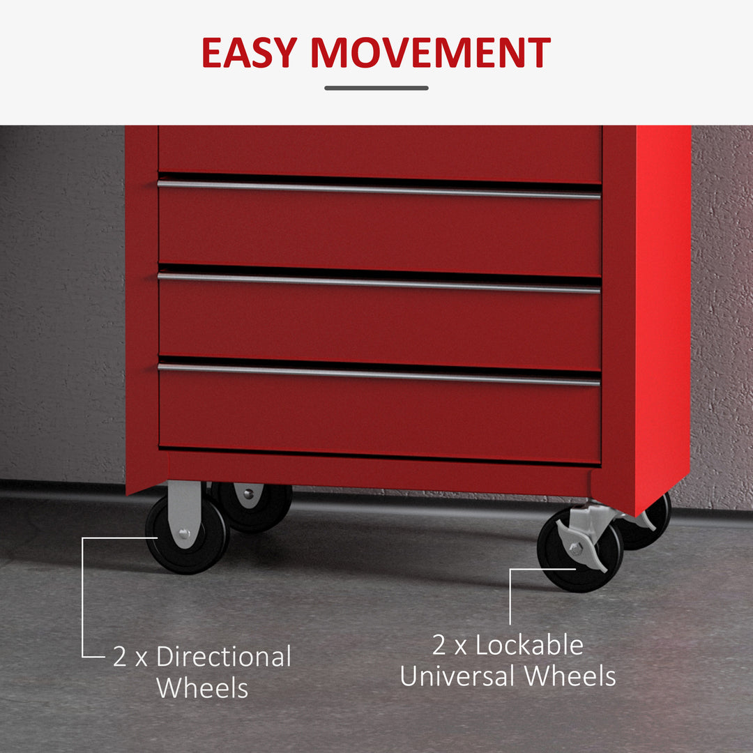 HOMCOM 5 Drawer Tool Chest on Wheels, Lockable Steel Tool Trolley with Side Handle for Workshop, Garage, Red