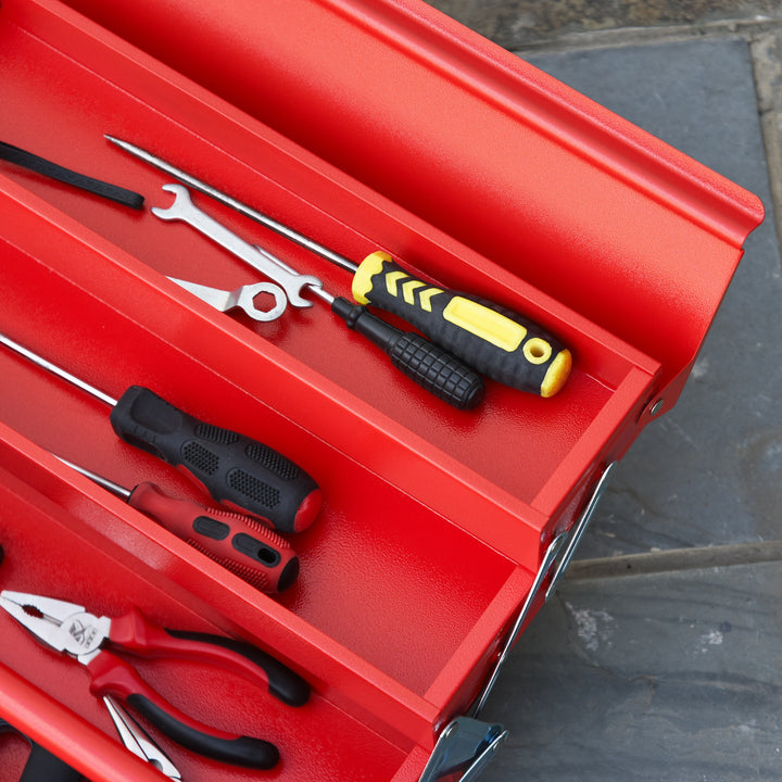 Metal Tool Box 3 Tier 5 Tray Professional Portable Storage Cabinet Workshop Cantilever Toolbox with Carry Handle, 56cmx20cmx34cm, Red