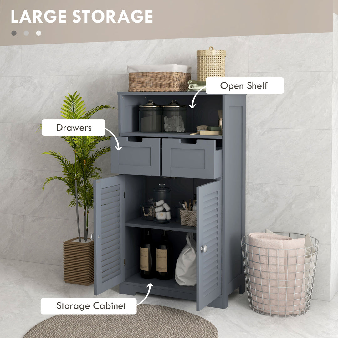 Kleankin Bathroom Storage Cabinet with Drawers, Louvred Doors, Open Compartment, Adjustable Shelf, Grey