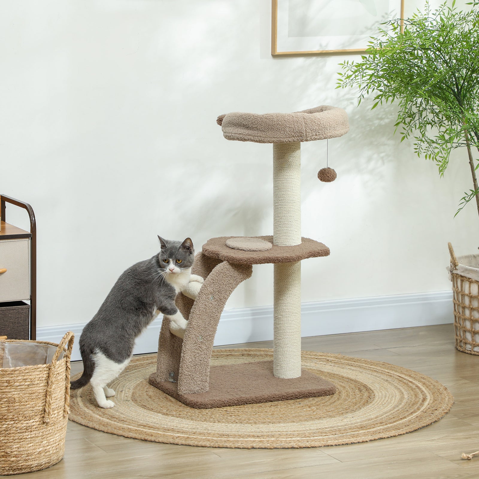 Cat Tree for Indoor Cats, 88cm Cat Tower with Sisal Scratching Post, Hanging Ball, Large Cat Perch, Stairs, Brown