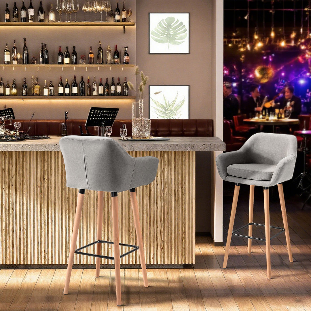 Set of 2 Bar Stools Modern Upholstered Seat Bar Chairs w/ Metal Frame, Solid Wood Legs Living Room Dining Room Fabric Furniture - Grey