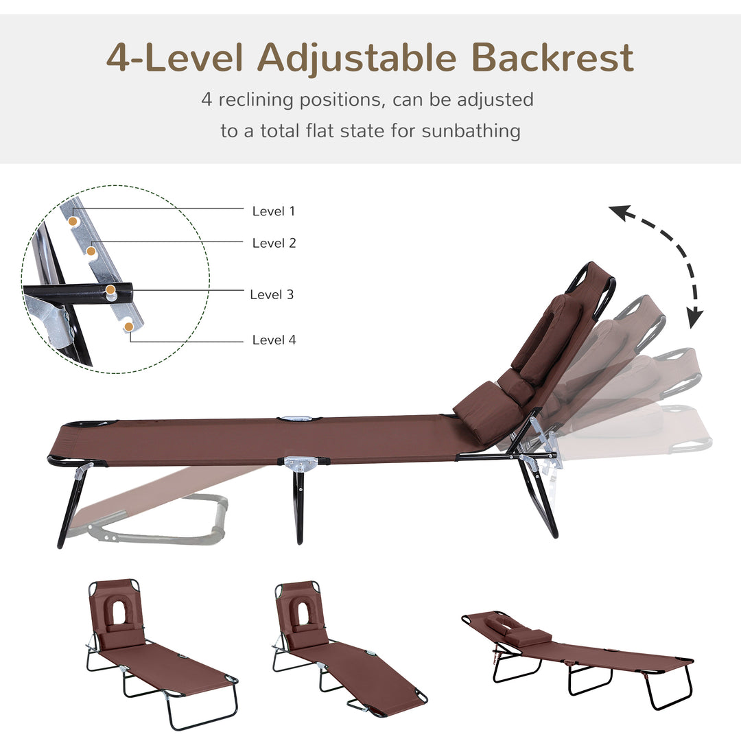 Outdoor Folding Sun Lounger with Face Hole, 4 Level Adjustable Backrest Reclining Garden Lounger, Garden Recliner Sunbed with 600 D Oxford Cloth Seat and Pillow for Beach, Brown