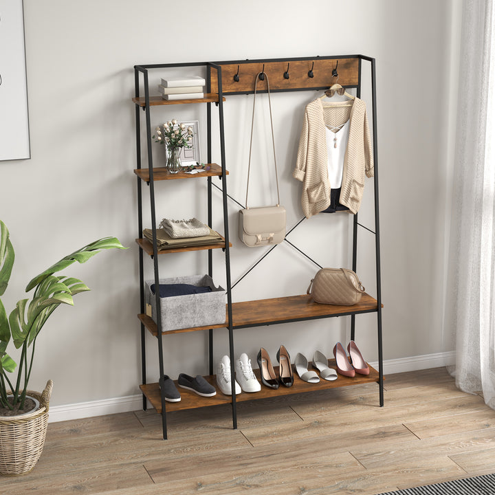 HOMCOM Hallway Unit, Free Standing Hall Tree w/ 2 Tier Shoe Rack, 5 Hooks, 5 Side Shelves & Steel Frame, Industrial Design, Brown, 117 x 38 x 169cm