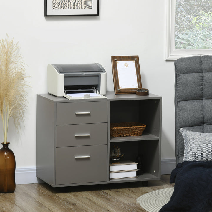Freestanding Printer Stand Unit Office Desk Side Mobile Storage w/ Wheels 3 Drawers, 2 Open Shelves Modern Style 80L x 40W x 65H cm - Grey