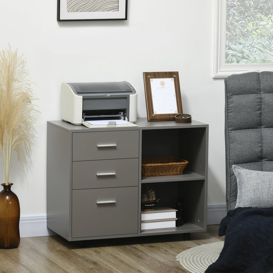Freestanding Printer Stand Unit Office Desk Side Mobile Storage w/ Wheels 3 Drawers, 2 Open Shelves Modern Style 80L x 40W x 65H cm - Grey