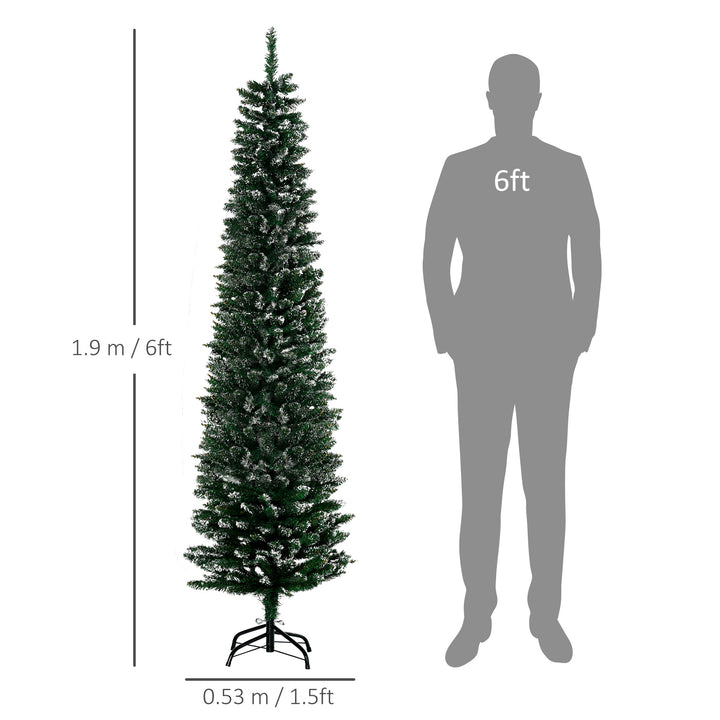 6FT Artificial Snow Dipped Christmas Tree Xmas Pencil Tree Holiday Home Indoor Decoration with Foldable Black Stand, Green