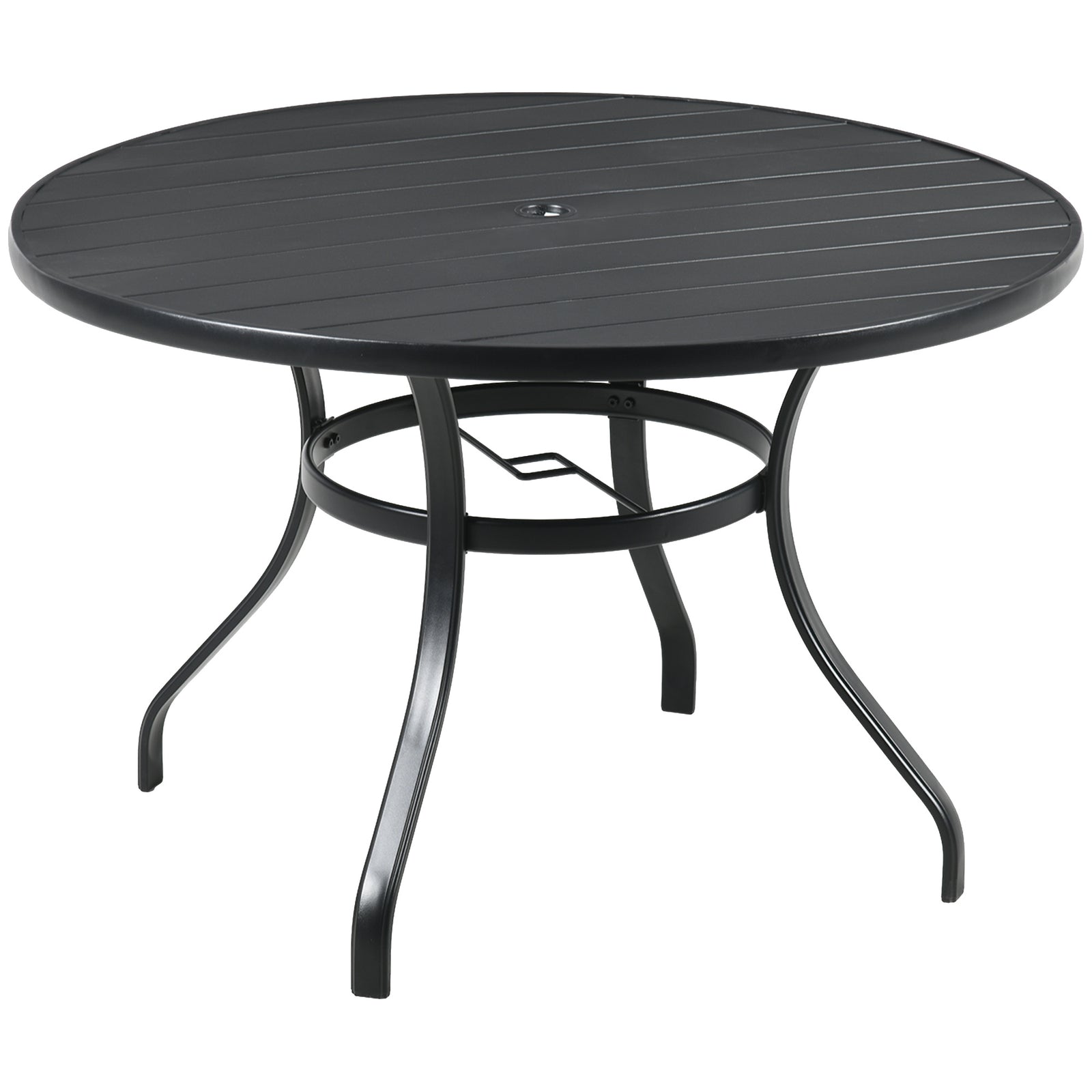 Garden Table with Parasol Hole, Outdoor Dining Garden Table for Four Persons, Round Patio Table with Slatted Metal Top, Black