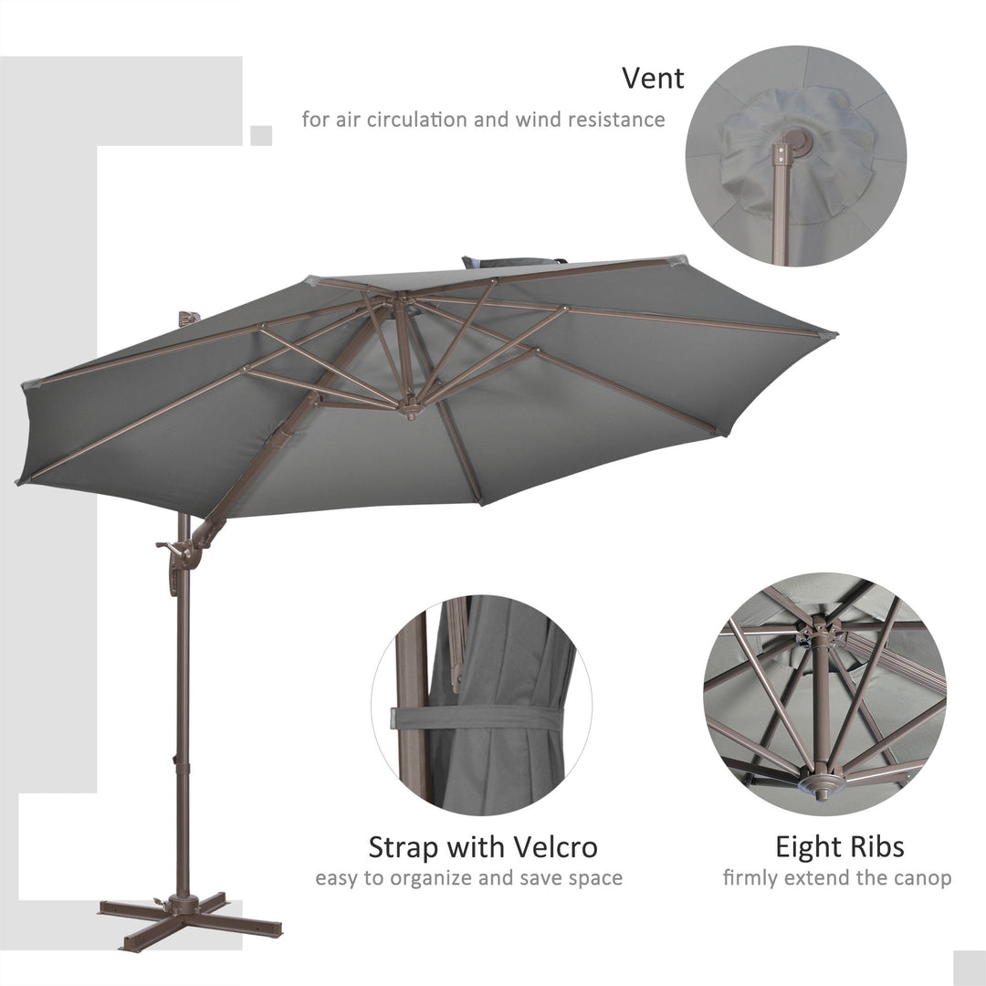 3(m) Cantilever Parasol 360° Rotation Roma Umbrella Hanging Sun Shade with Aluminium Frame, Tilt Crank, 8 Ribs and Cross Base, Dark Grey