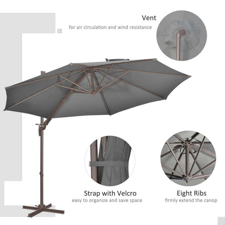 3(m) Cantilever Parasol 360° Rotation Roma Umbrella Hanging Sun Shade with Aluminium Frame, Tilt Crank, 8 Ribs and Cross Base, Dark Grey