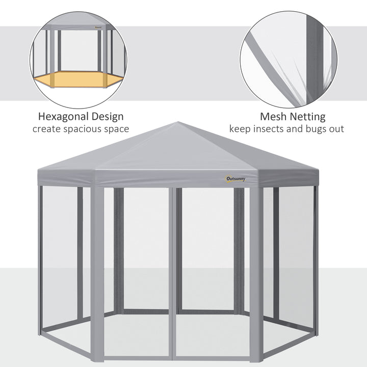 Outsunny 3 x 3(m) Pop Up Gazebo Hexagonal Foldable Canopy Tent Outdoor Event Shelter with Mesh Sidewall, Adjustable Height and Roller Bag, Grey