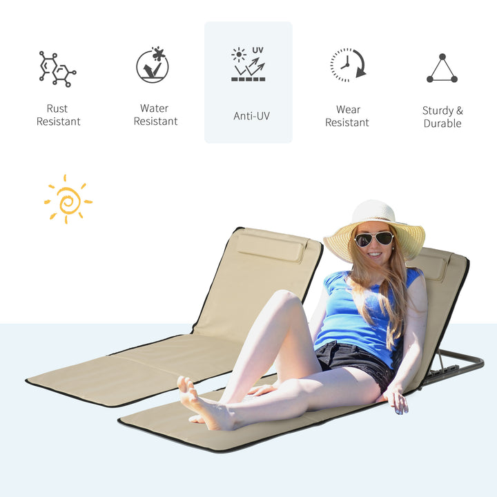 Set of 2 Foldable Garden Beach Chair Mat Lightweight Outdoor Sun Lounger Seats Adjustable Back Metal Frame PE Fabric Head Pillow w/ Carry Bag, Beige