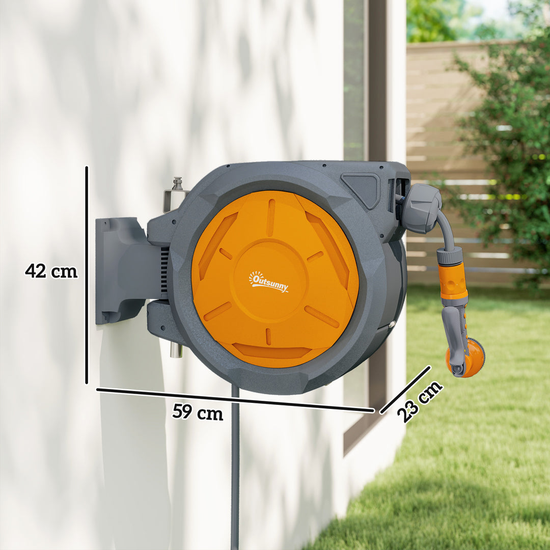Outsunny Retractable Hose Reel Wall Mounted, 30+2m Garden Hose Pipe Reel with Lock, Auto Rewind, 7 in 1 Spray Nozzle, Includes Wall Fixings, 180° Swivel, Outdoor Watering, Orange