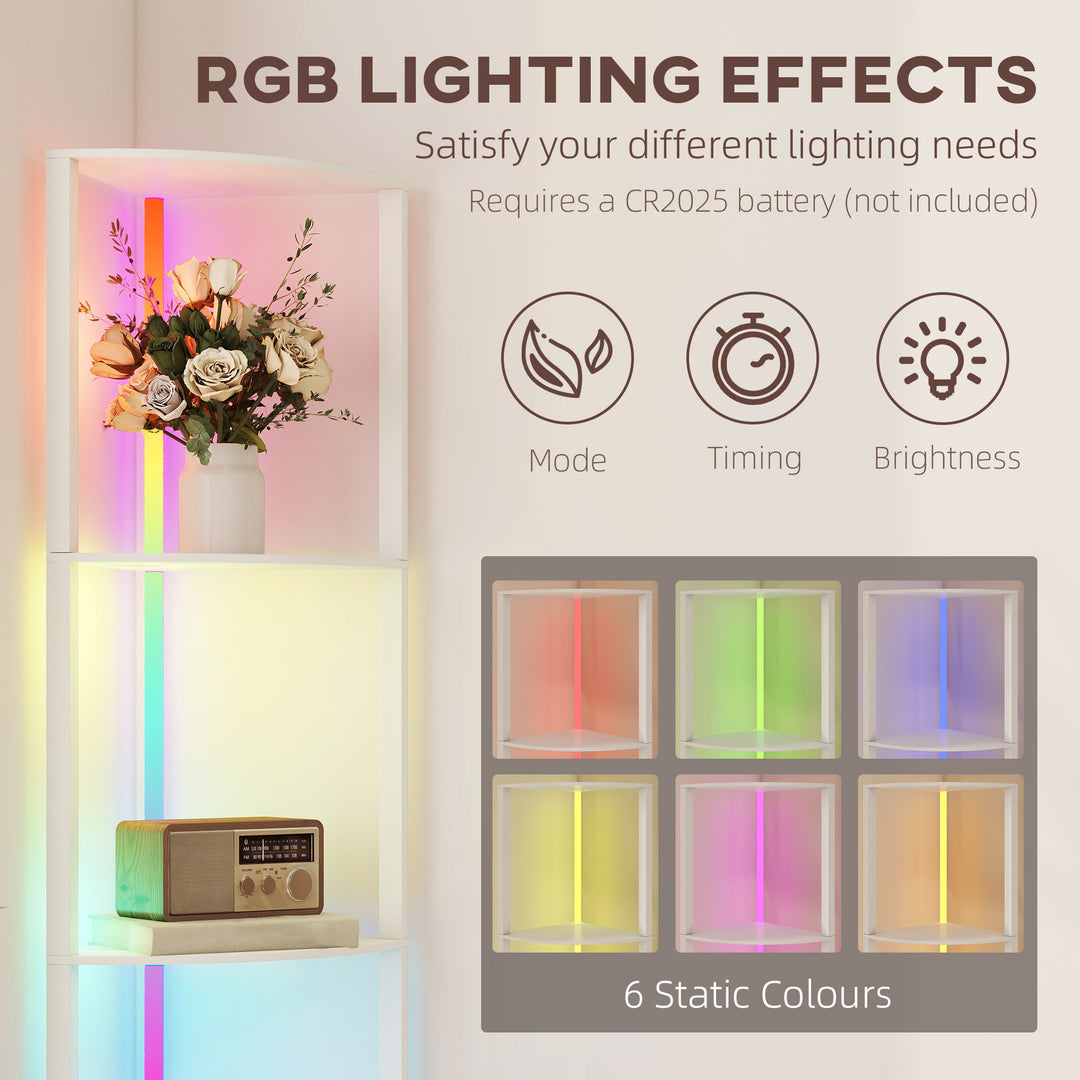RGB LED Floor Lamp with Shelves, 5-Tier Dimmable Standing Lamp with Adjustable Brightness and Remote Control, Modern Corner Display Shelf Unit for Living Room Bedroom Office, White