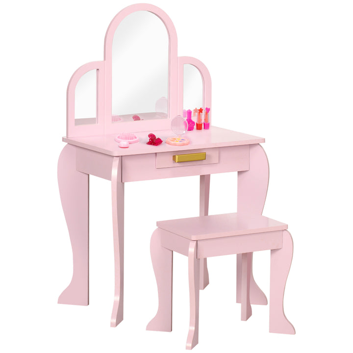 Kids Dressing Table Set, with Mirror and Drawer - Pink
