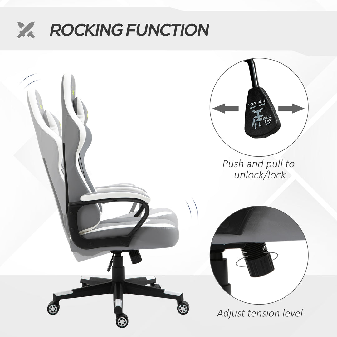 Gaming Chair, Computer Desk Chair with Lumbar Support, Faux Leather Racing Chair with Headrest and Swivel Wheels for Home Office, Grey White