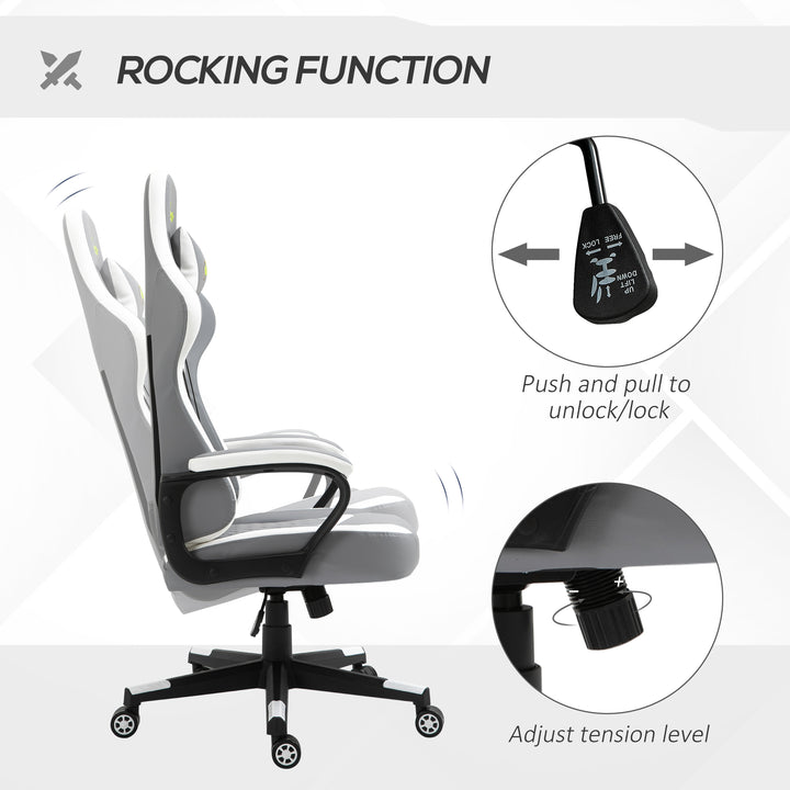 Gaming Chair, Computer Desk Chair with Lumbar Support, Faux Leather Racing Chair with Headrest and Swivel Wheels for Home Office, Grey White