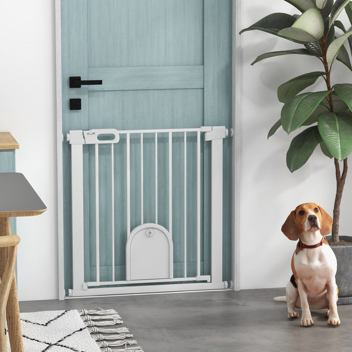75-82cm Pet Safet Gaye, Pressure Fit Stair, with Cat Flap, Double Locking, White