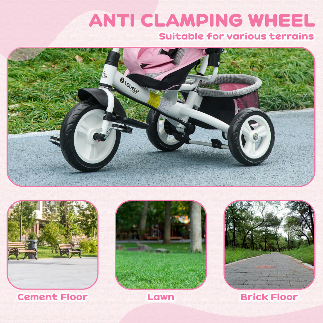 6 in 1 Kids Trike with Parent Handle, Canopy, 5-point Safety Belt, Storage, Footrest, Brake, for 1-5 Years, Pink