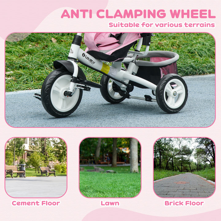 6 in 1 Kids Trike with Parent Handle, Canopy, 5-point Safety Belt, Storage, Footrest, Brake, for 1-5 Years, Pink