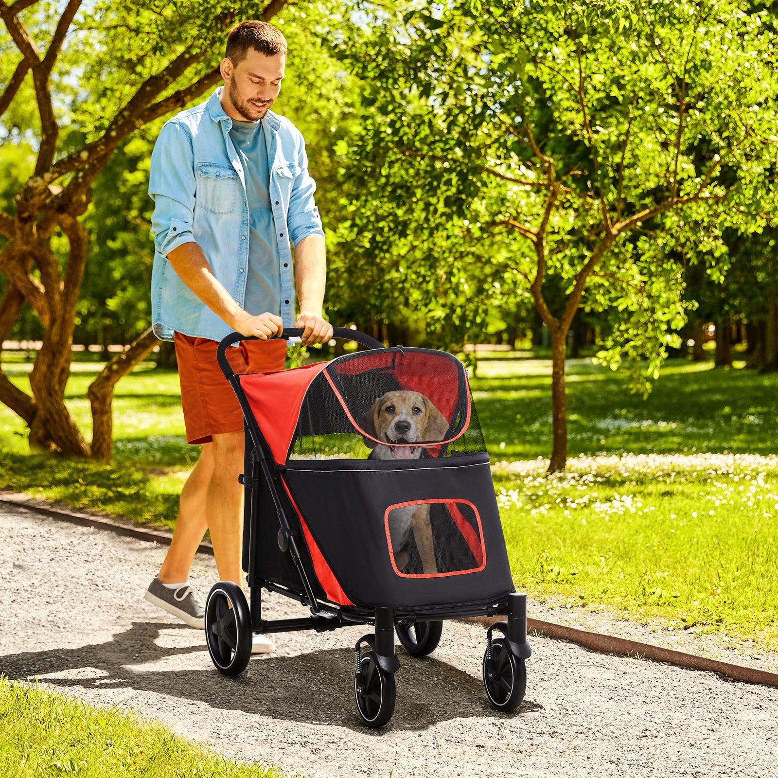 Foldable Pet Stroller, with Universal Wheels, Shock Absorber, for Medium and Large Dogs - Red