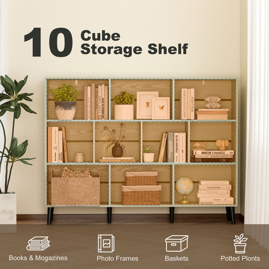10-Cube Bookcase, 3-Tier Book Shelf with Solid Wood Legs, 140 cm Moder