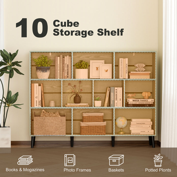 10-Cube Bookcase, 3-Tier Book Shelf with Solid Wood Legs, 140 cm Moder