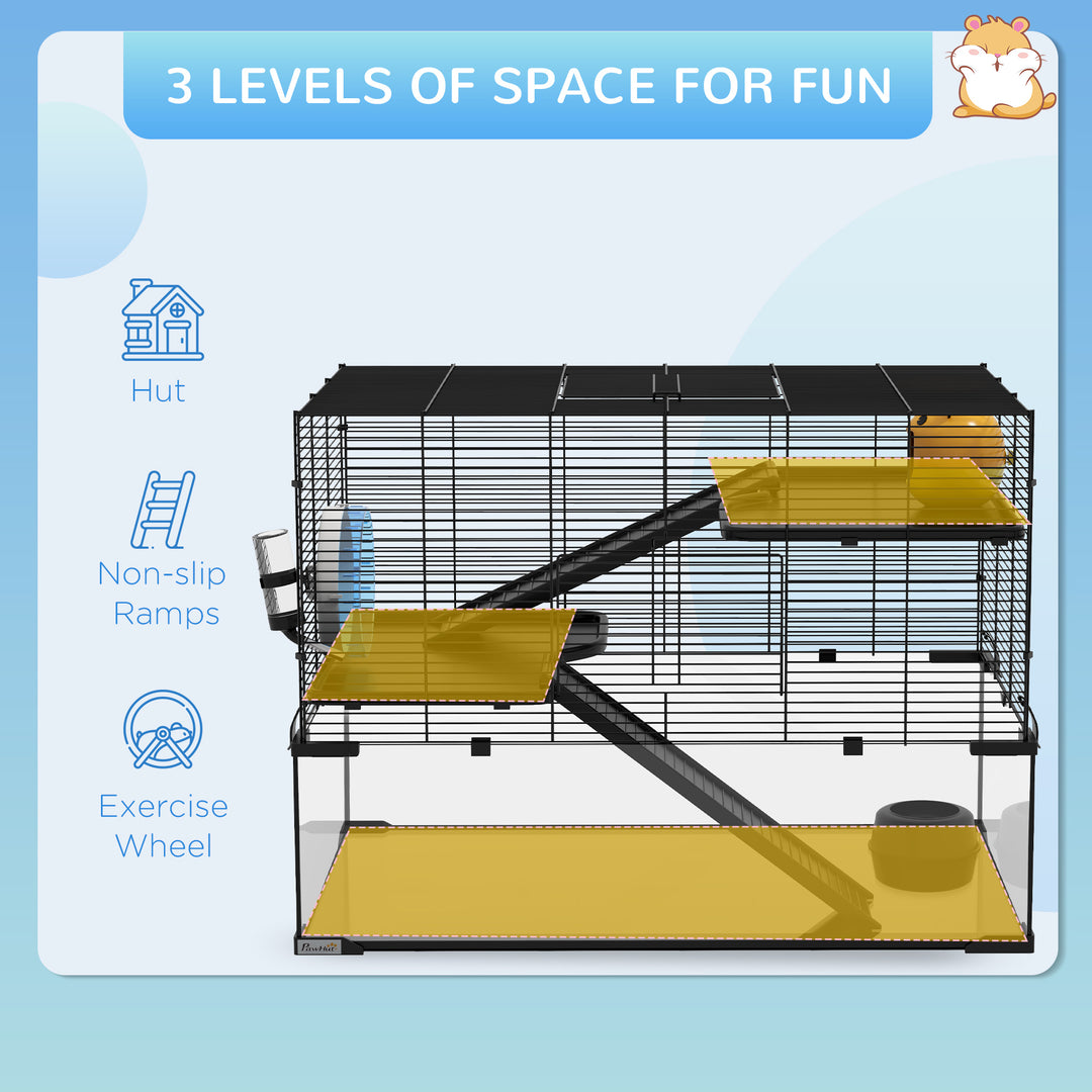 PawHut 3 Tiers Hamster Cage, Gerbil Cage with Deep Glass Bottom, Non-Slip Ramps, Platforms, Hut Exercise Wheels Water Bottle for Syrian Dwarf Hamster