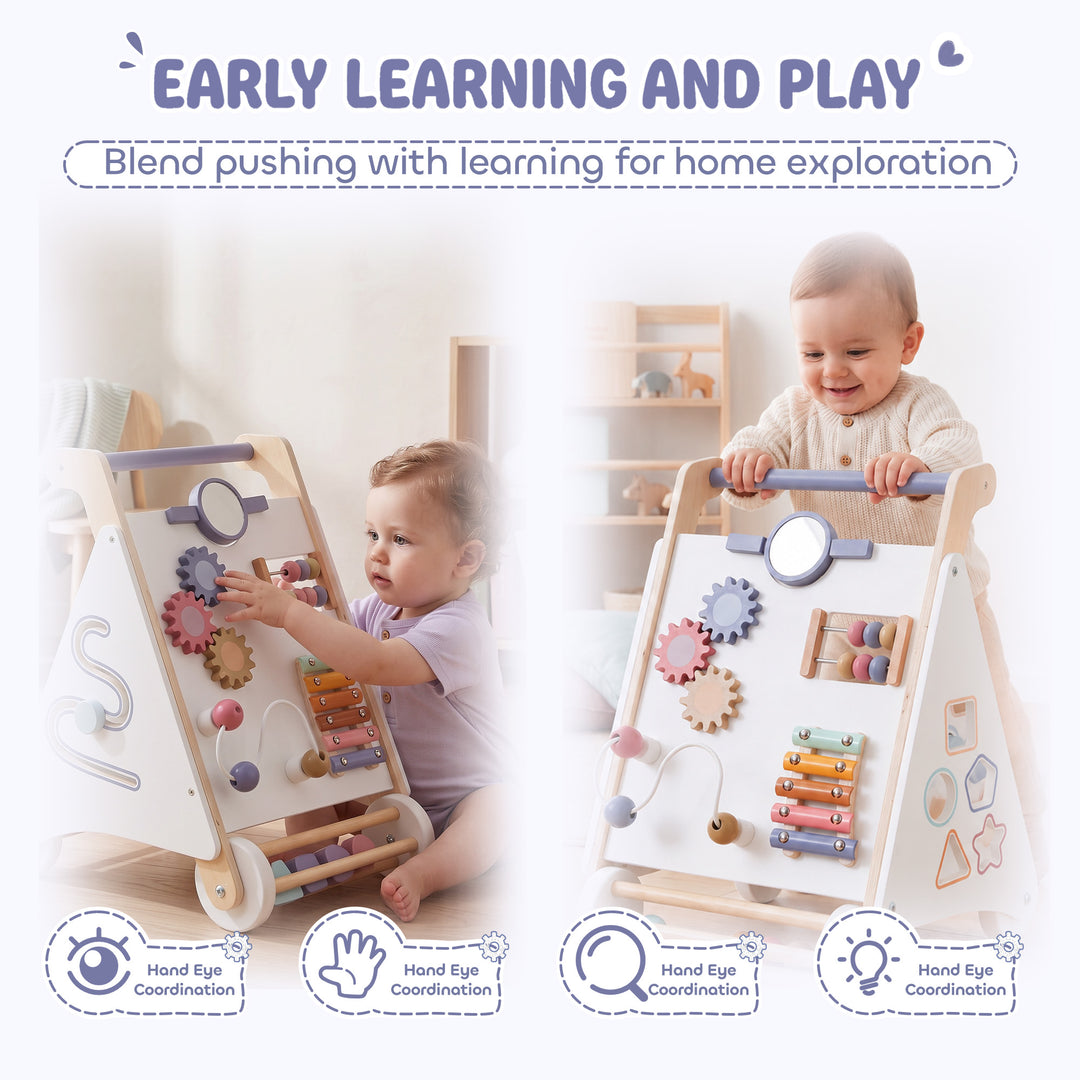 Wooden Baby Walker, Montessori Push Along Toy with 5 Blocks and - view 6