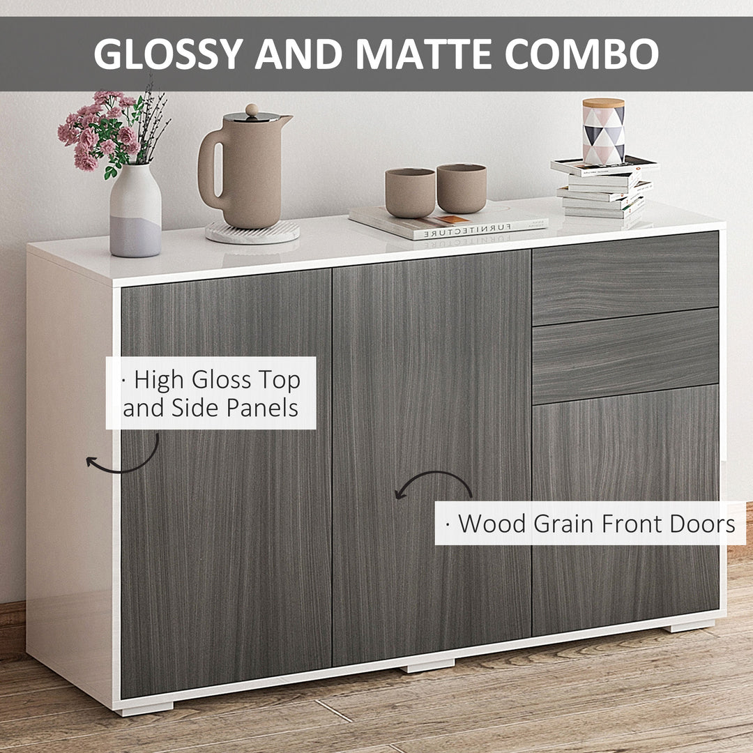 High Gloss Frame Sideboard, Side Cabinet, Push-Open Design with 2 Drawer for Living Room, Bedroom, Light Grey and White