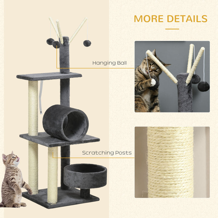 PawHut Cat Tree Tower 121cm, Kitten Activity Centre with Scratching Post, Bed, Tunnel, Perch, Interactive Ball, Grey. | Aosom UK